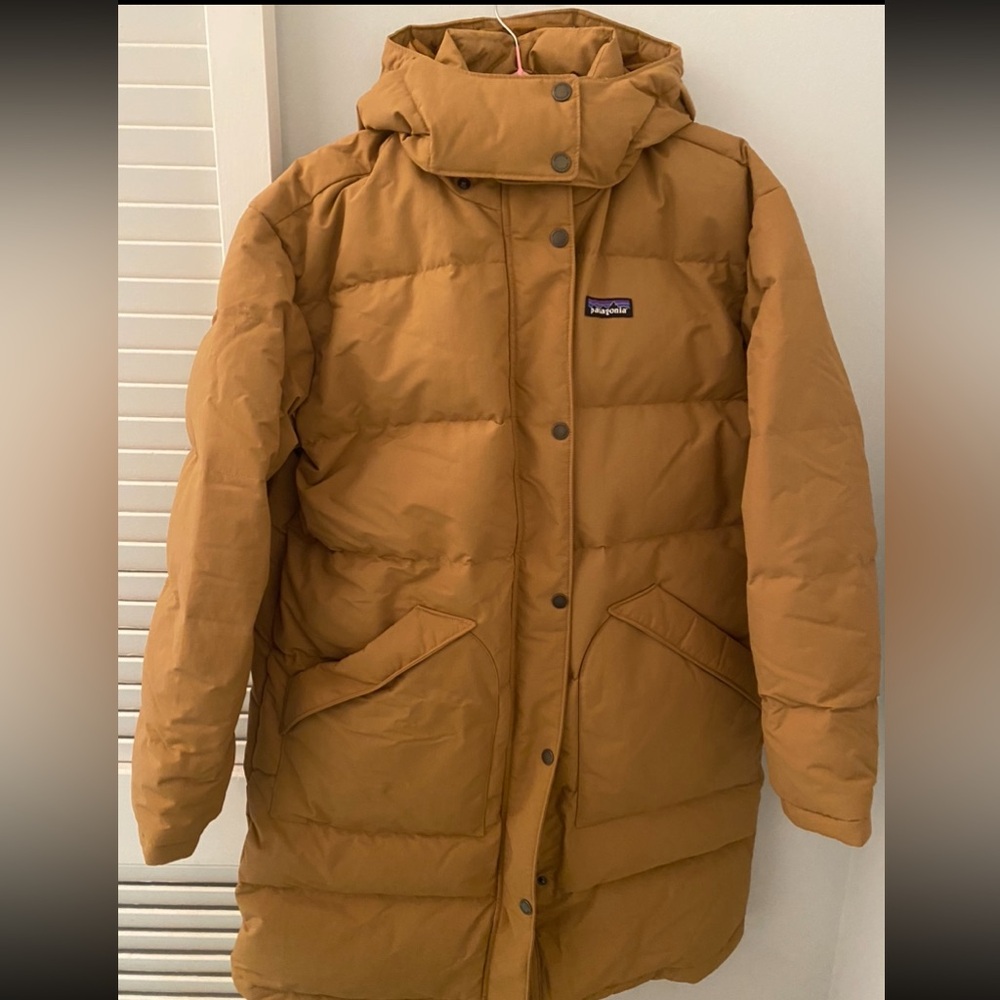 Patagonia Mustard Brown Puffer Coat with Hood